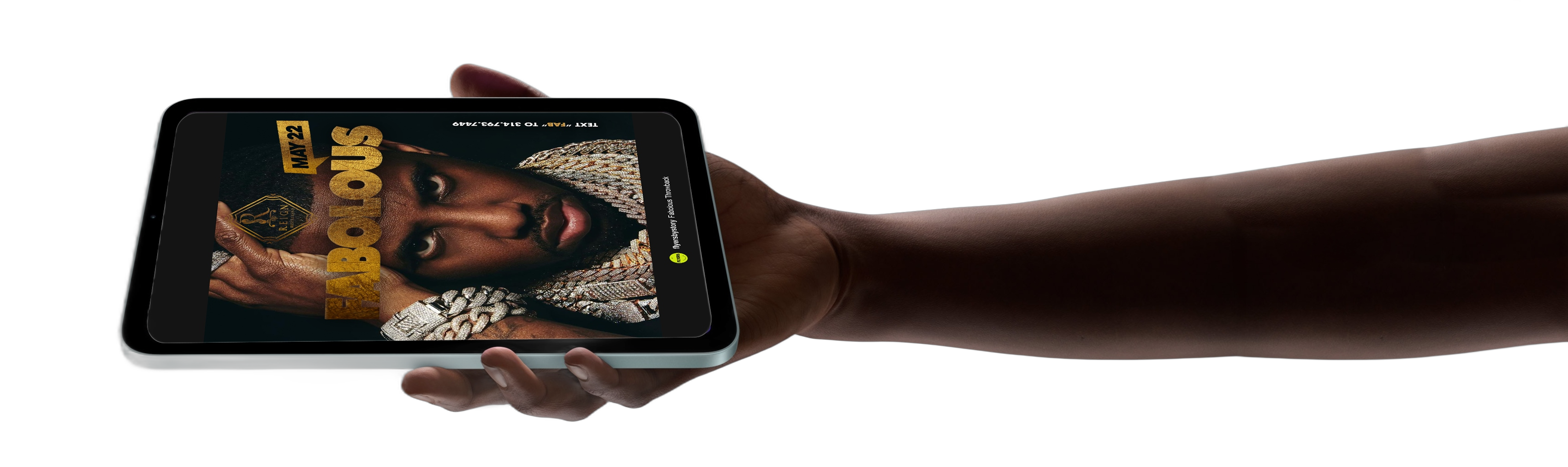 Landscape iPad in hand showing Fabolous premium motion flyer