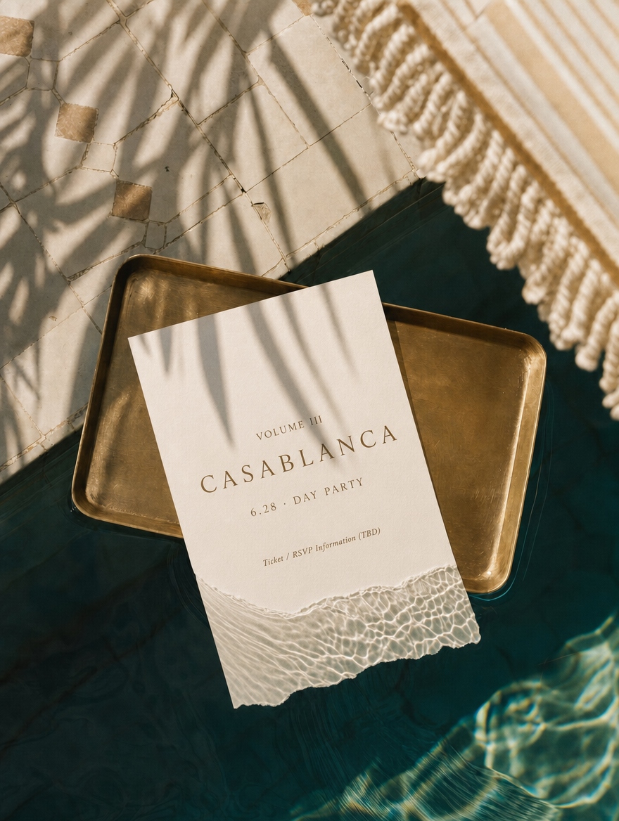 Casablanca invitation on brass tray, poolside