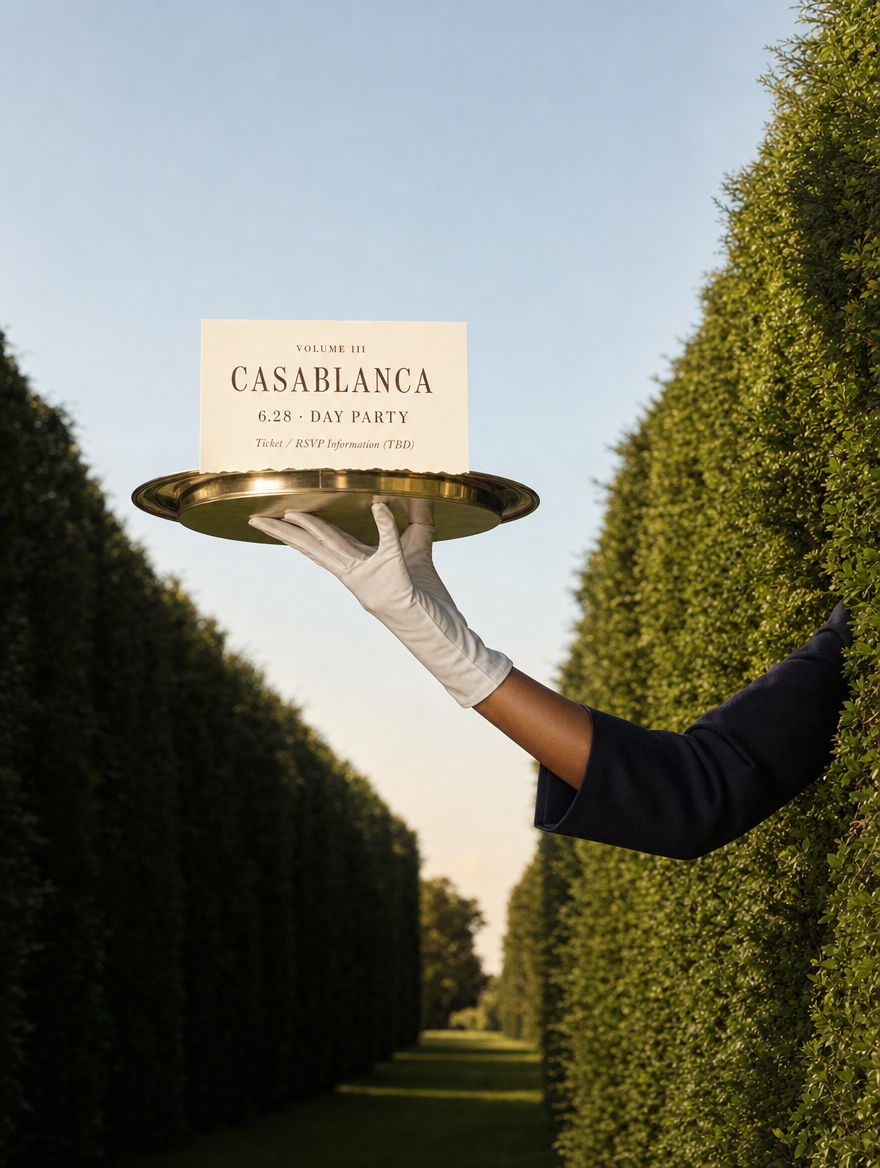 Gloved hand serving invitation in hedge corridor
